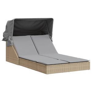vidaXL Double Sun Lounger with Canopy and Cushions Beige Poly Rattan