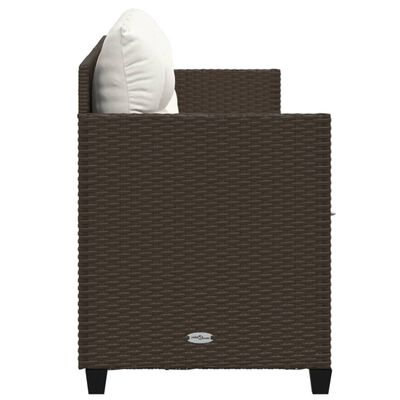 Side view of brown outdoor wicker armrest with beige cushion and logo on lower panel.