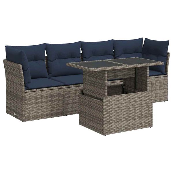 vidaXL 5 Piece Patio Sofa Set with Cushions Gray Poly Rattan Acacia