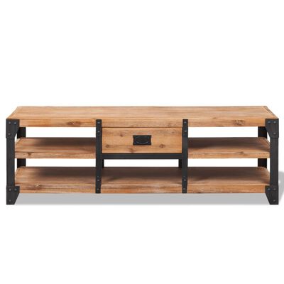 Wide wooden coffee table with storage shelves in industrial frame.