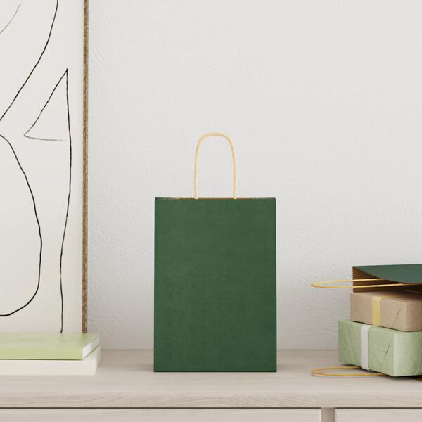 vidaXL Paper Bags 250 pcs with Handles Green 15x8x21 cm
