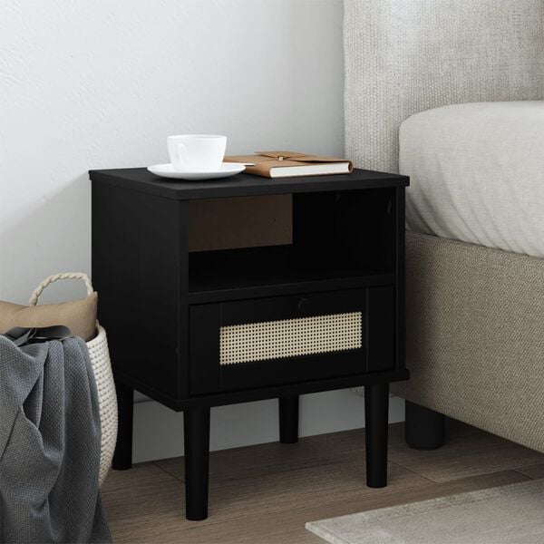 vidaXL Bedside Cabinet Black Solid pine wood, engineered wood, poly rattan