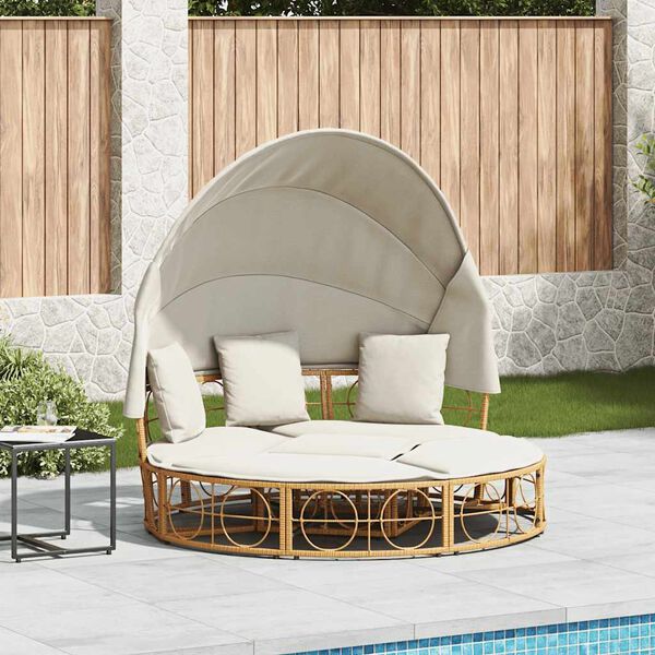 vidaXL Patio Lounge Bed with Canopy and Cushions Poly Rattan