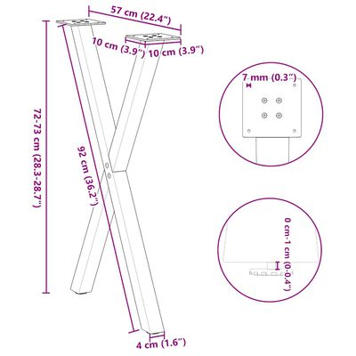 Technical diagram with measurements for folding table legs, including dimensions and hole patterns.