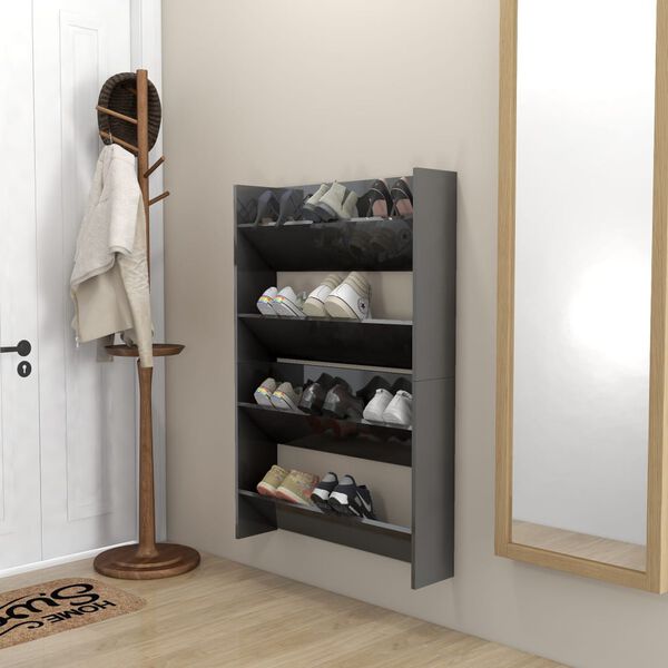 vidaXL Wall Shoe Cabinet Set of 2 High gloss gray Engineered wood