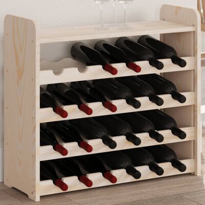 Wooden freestanding wine rack with multiple rows of bottle slots and red/black bottle ends