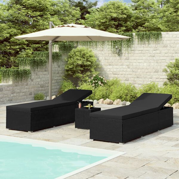 vidaXL Sun Lounger Black Poly Rattan, Powder-Coated Steel, Polyester Large