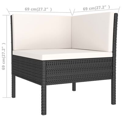 Corner lounge chair with white back cushions and seat cushion, measurements show width and depth 69 cm