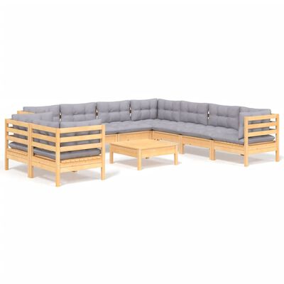 vidaXL 10 Piece Patio Lounge Set with Gray Cushions Solid Pinewood