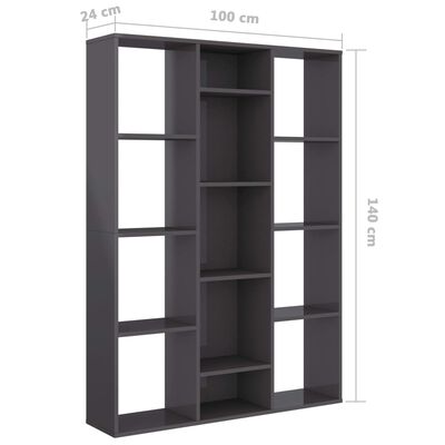 vidaXL Room Divider/Book Cabinet High Gloss Gray 39.4"x9.4"x55.1" Engineered Wood