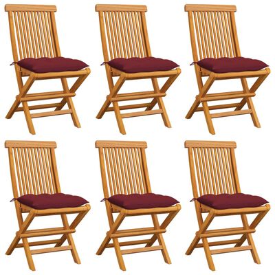 vidaXL Patio Chairs with Wine Red Cushions 6 pcs Solid Teak Wood