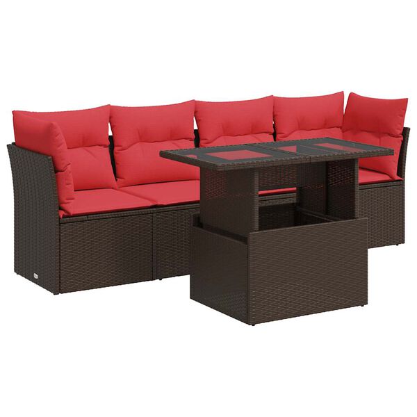 vidaXL 5 Piece Patio Sofa Set with Cushions Brown Poly Rattan Acacia