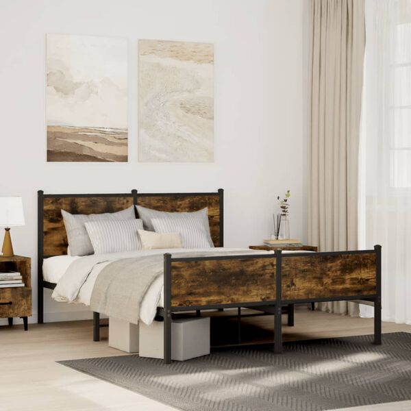 vidaXL Bed Frame Smoked Oak Steel, Engineered Wood 55.1 x 78.7 in