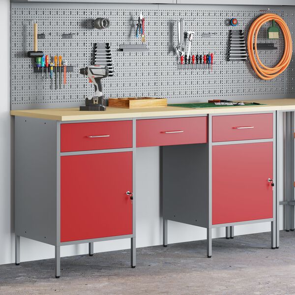 vidaXL Work Cabinet with Drawer with Lock 3 pcs Red 150 x 55 x 85 cm