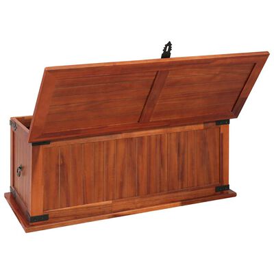 Wooden chest with lid raised, showing back and interior plank design.