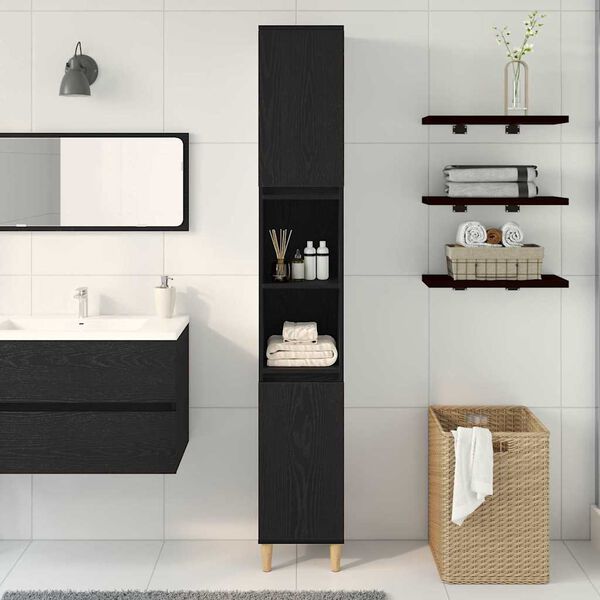 vidaXL Bathroom Cabinet with Shelf Black Oak 11.81 x 11.81 x 74.80 in