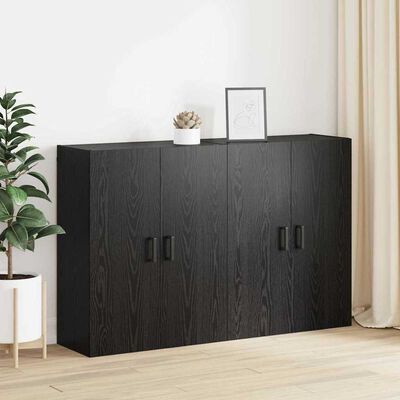 Large black wood cabinet with four doors in a room