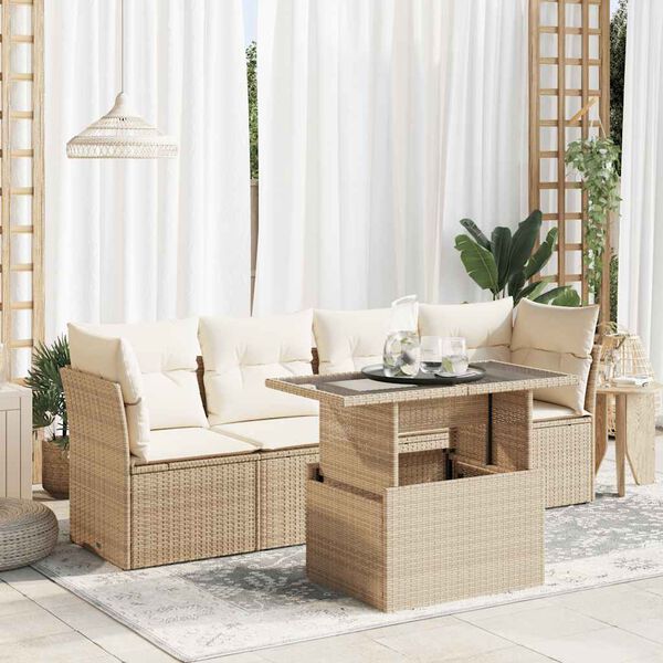 vidaXL Garden Sofa Set Beige PE rattan Medium Adjustable Armrests