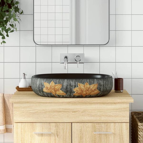 vidaXL Countertop Basin Grey and Black Oval 23.2x15.7x5.5" Ceramic