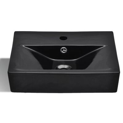 vidaXL Ceramic Bathroom Sink Basin Faucet/Overflow Hole Black Rectangular