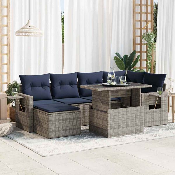 vidaXL 7 Piece Patio Sofa Set with Cushions Gray Poly Rattan Acacia