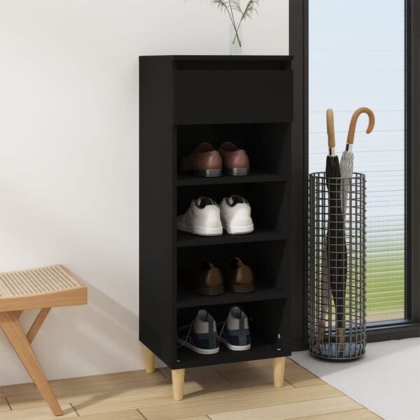 vidaXL Shoe Cabinet Black Engineered wood, solid eucalyptus wood Compact