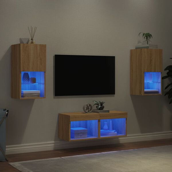 vidaXL 4 Piece TV Wall Stands with LED Lights Sonoma Oak