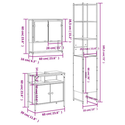 Technical dimensions drawing of a tall bathroom cabinet and vanity unit with measurements.
