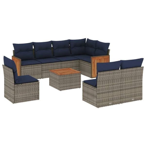 vidaXL 9 Piece Garden Sofa Set with Cushions Grey Poly Rattan