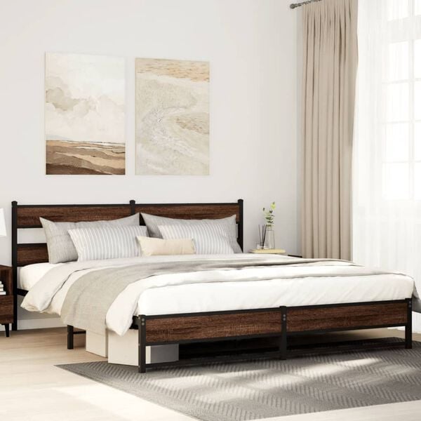 vidaXL Bed Frame Brown Oak Steel, Engineered Wood Full Bed Frame