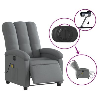 Grey recliner with product feature icons highlighted (remote, cup holder, footrest) and inset showing assembly/adjustment images.