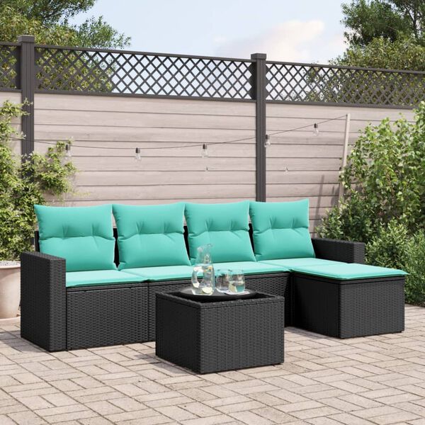 vidaXL 6 Piece Patio Sofa Set with Cushions Black Poly Rattan