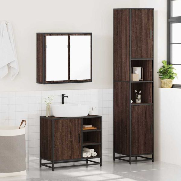 vidaXL Bathroom Furniture Set Brown Oak Engineered Wood, Metal, Glass Tall