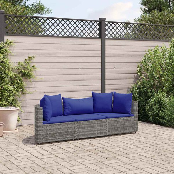 vidaXL Patio Sofa Set Set of 3 Gray PE rattan Medium Adjustable Feet