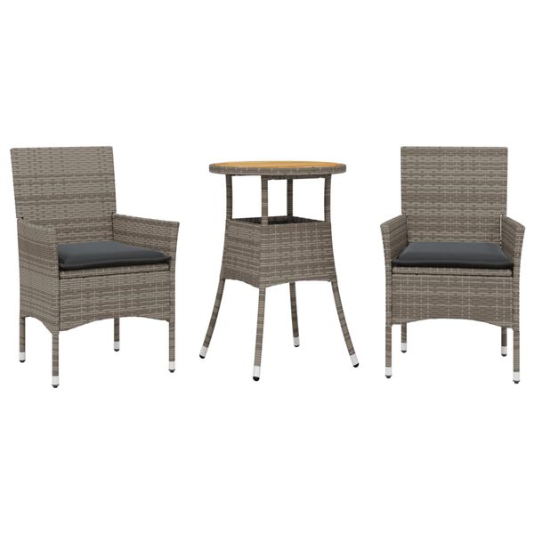 vidaXL 3 Piece Patio Dining Set with Cushions Grey Poly Rattan and Acacia