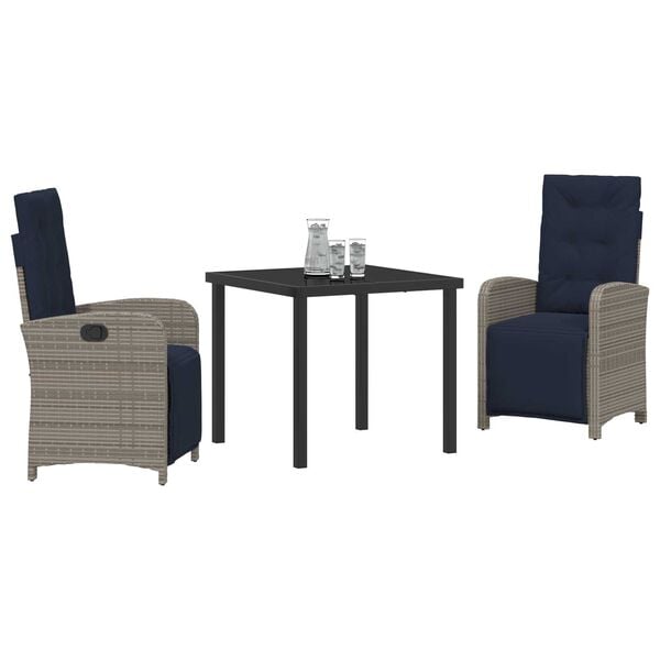 vidaXL Garden Dining Set with Cushion 3 pcs Grey Poly Rattan