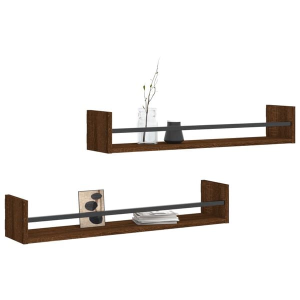 vidaXL Wall Shelf Set of 2 Brown oak Engineered wood, steel Standard