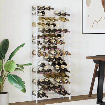 White wine rack with many angled wavy shelves holding several bottles