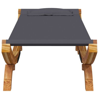 Top view of a wooden lounge bed with dark gray fabric.