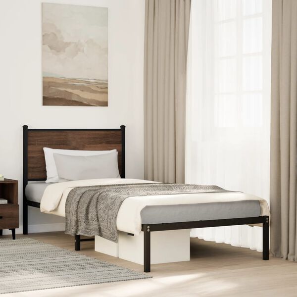 vidaXL Bed Frame Brown Oak Steel, Engineered Wood Small Twin Bed Frame