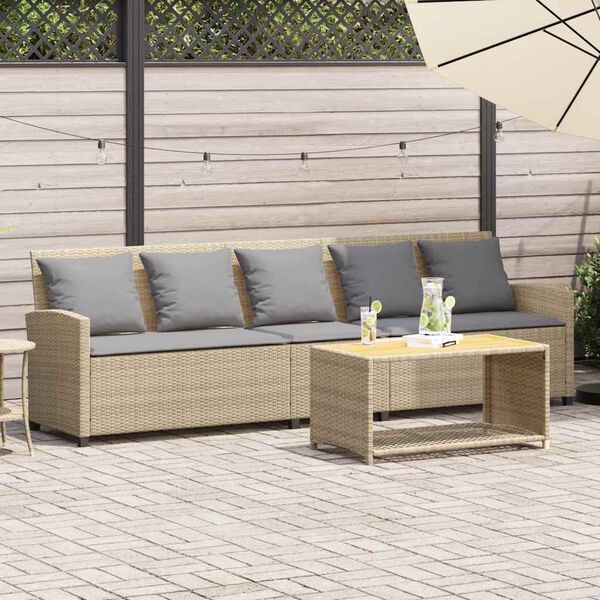 vidaXL Patio Sofa 5-Seater with Cushions Beige Poly Rattan