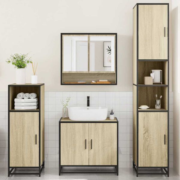 vidaXL Bathroom Furniture Set Sonoma Oak Engineered Wood, Metal Standard