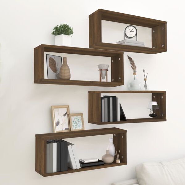 vidaXL Wall Cube Shelf Set of 4 Brown Oak Engineered Wood Medium