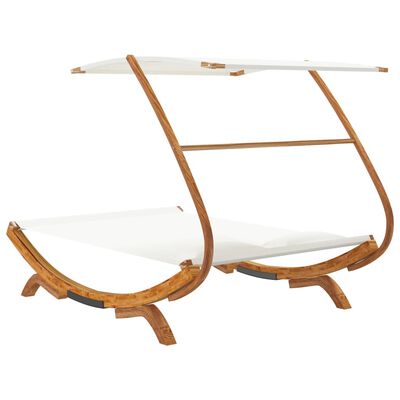 Perspective of wooden curved-frame daybed with white mattress and canopy, full structure shown from side.