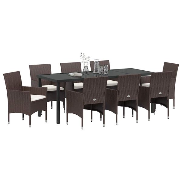 vidaXL Garden Dining Set with Cushion 9 pcs Brown Poly Rattan