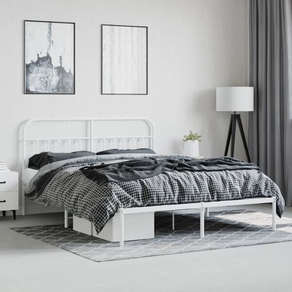 vidaXL Bed Frame White Powder-Coated Steel Double Bed Frame