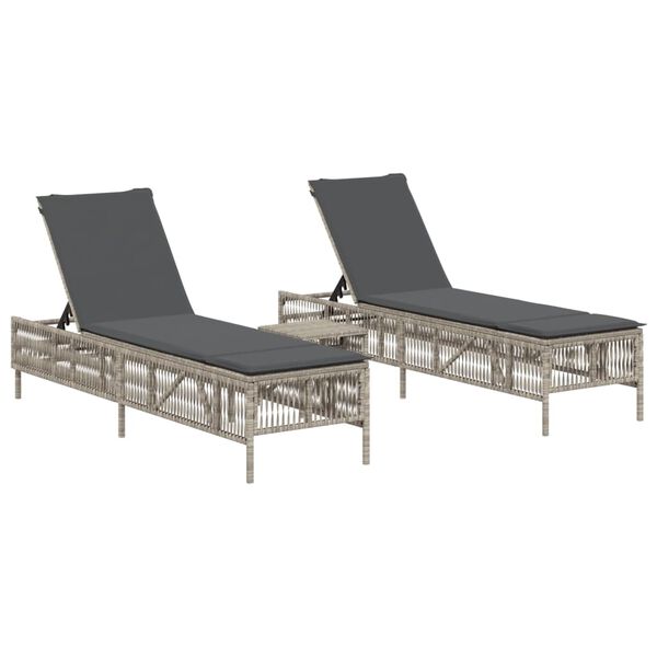 vidaXL Sun Lounger Set of 3 Light Gray, Dark Gray (cushions) PE Rattan