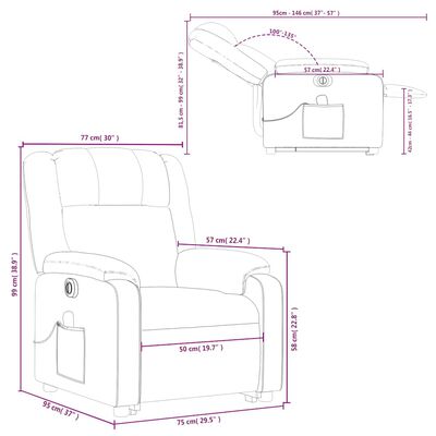 Technical schematic drawing with dimensions of the grey recliner chair.
