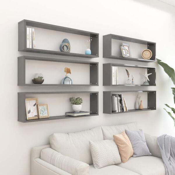 vidaXL Wall Shelf Set of 6 High gloss gray Engineered wood Medium