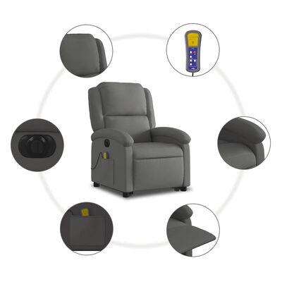 Product collage with central image of recliner and circular insets highlighting controls, pocket, and armrest features.
